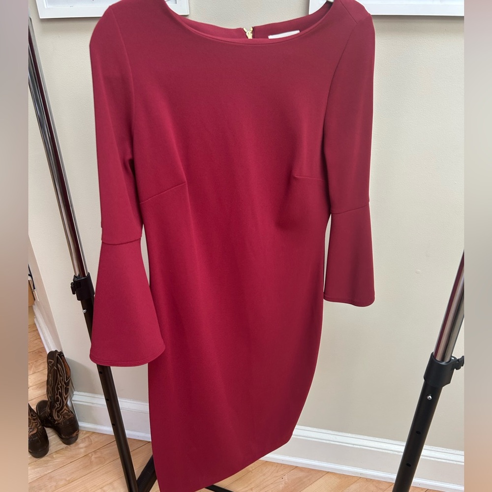 Calvin Klein Red Sheath Dress with Bell Sleeves